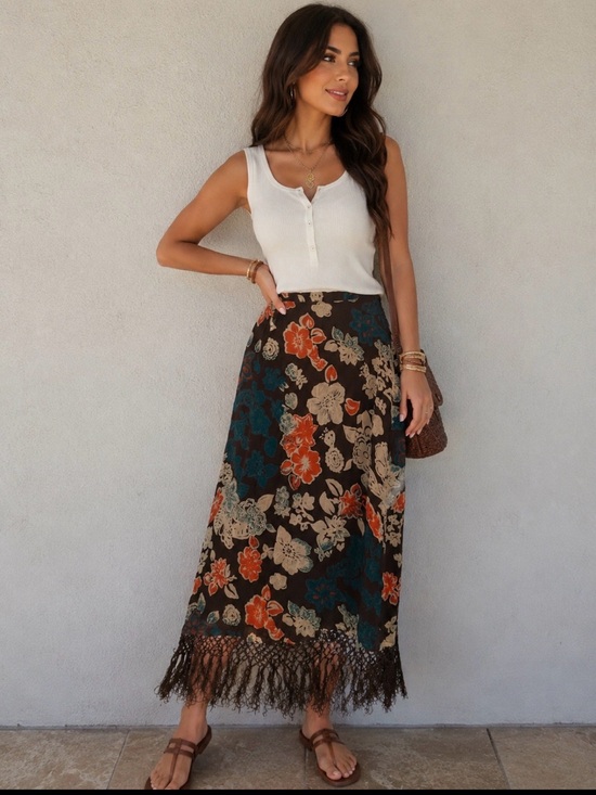 Splash Dresses & Skirts - Splash Woman Floral Fringe Hem Skirt Size 16 Brown Teal Orange Boho Midi Pull On